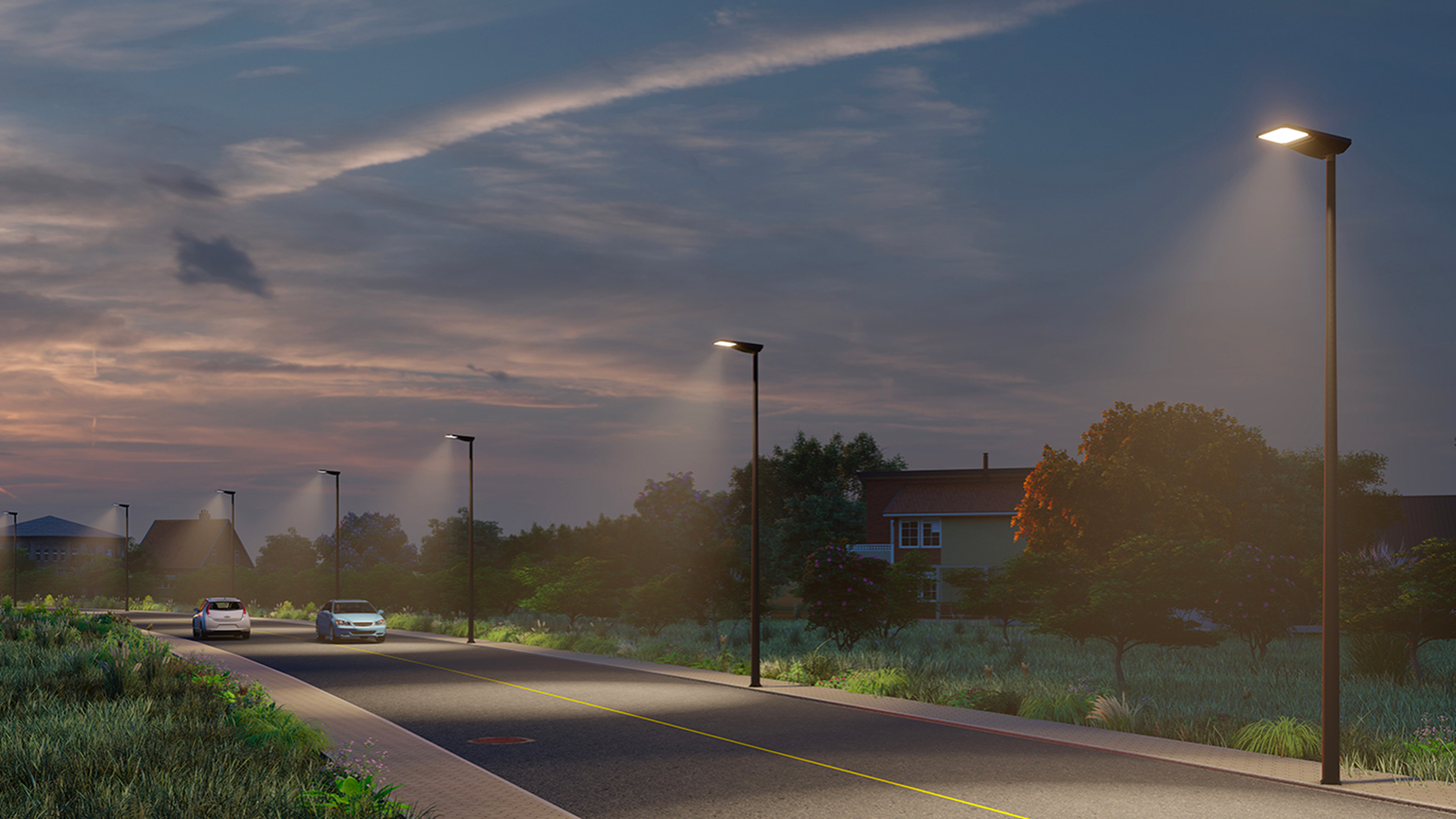 Vialis-solar-lighting-on-road-by-night